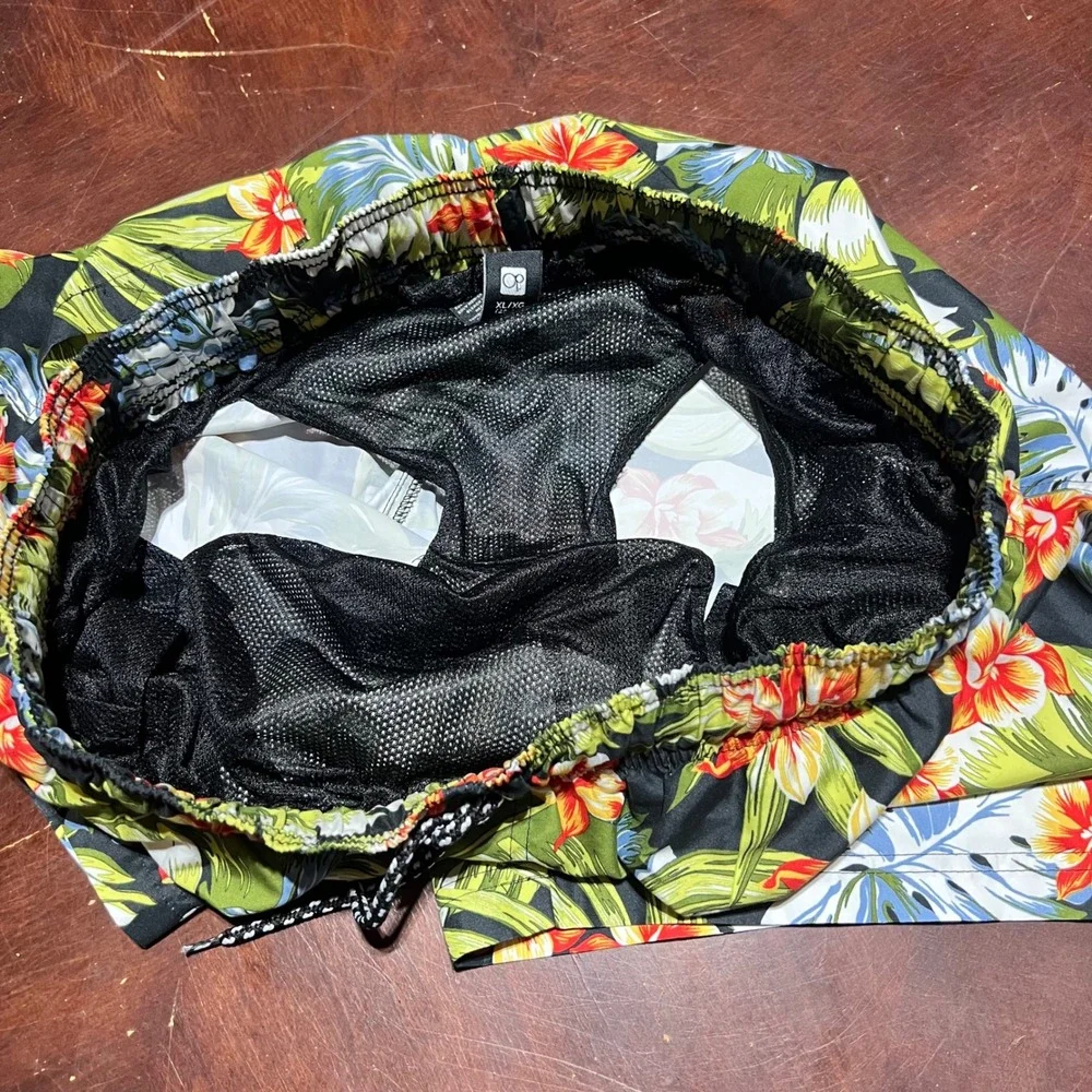 OP Ocean Pacific Mens XL Tropical Floral Swim Trunks Black Green Y2K OM26331Y